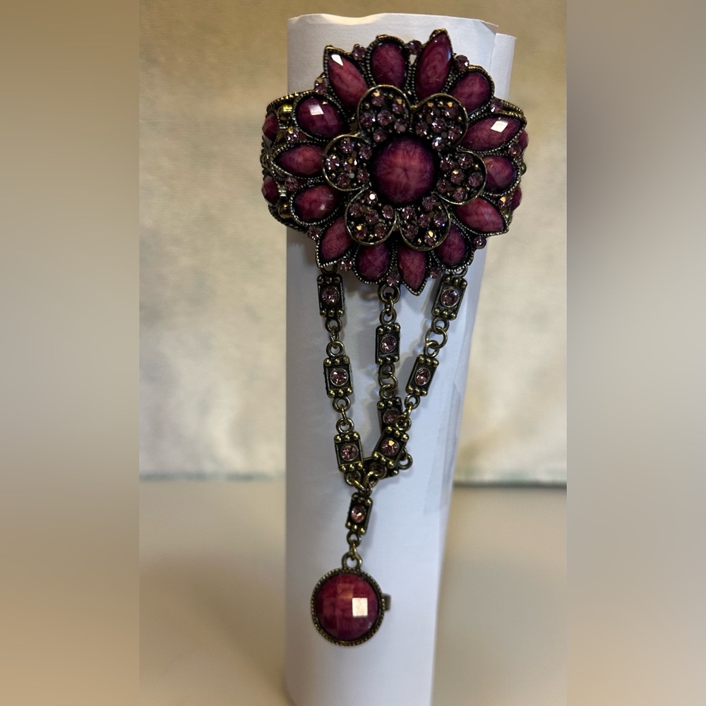 Elegant Purple Floral Rhinestone Bracelet / attached Ring.